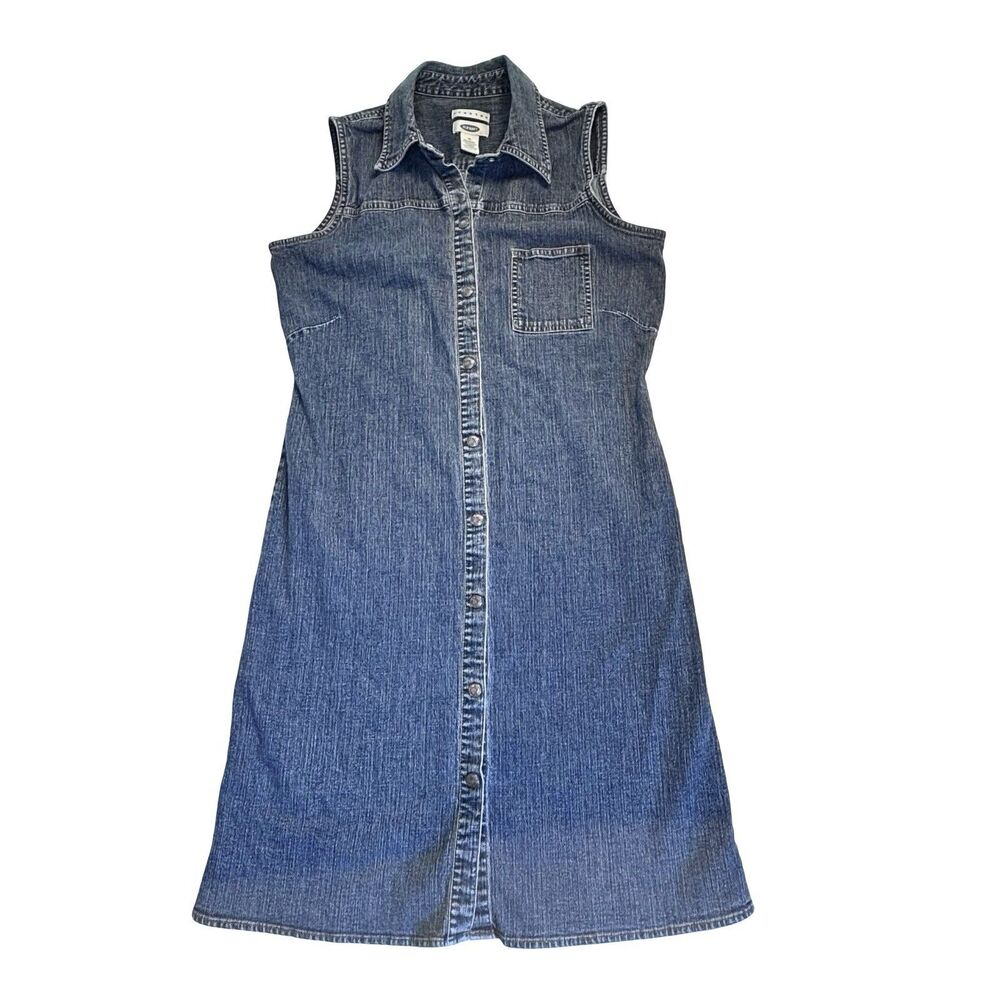 VTG OLD NAVY Blue Denim Sleeveless Dress Snap Front Chest Pocket Women's Size 10